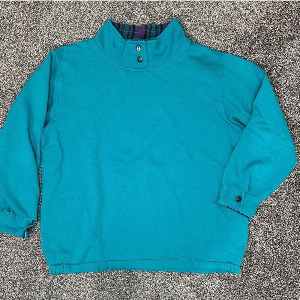 Vintage Metropolitan Teal‎ Turquoise Sweatshirt Plaid Turtleneck grandma sweater